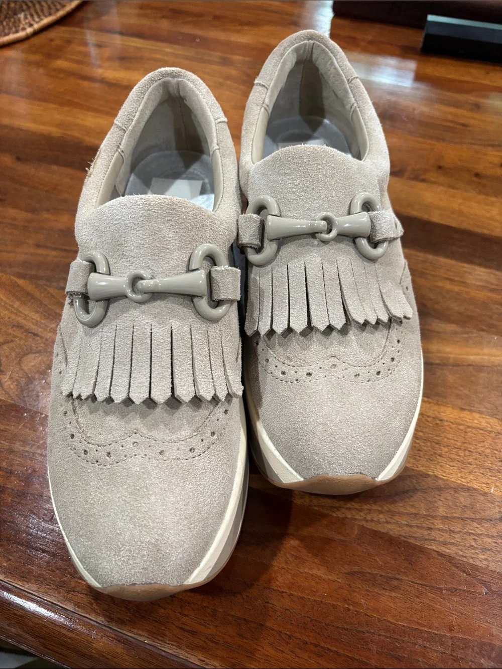 Dolce Vita Beige Taupe Suede Fringe Platform Loafers